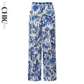 Chic Pleated Pants with Indigo Botanical Print  Palazzo Pants
