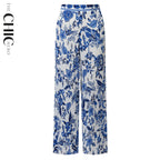 Chic Pleated Pants with Indigo Botanical Print  Palazzo Pants
