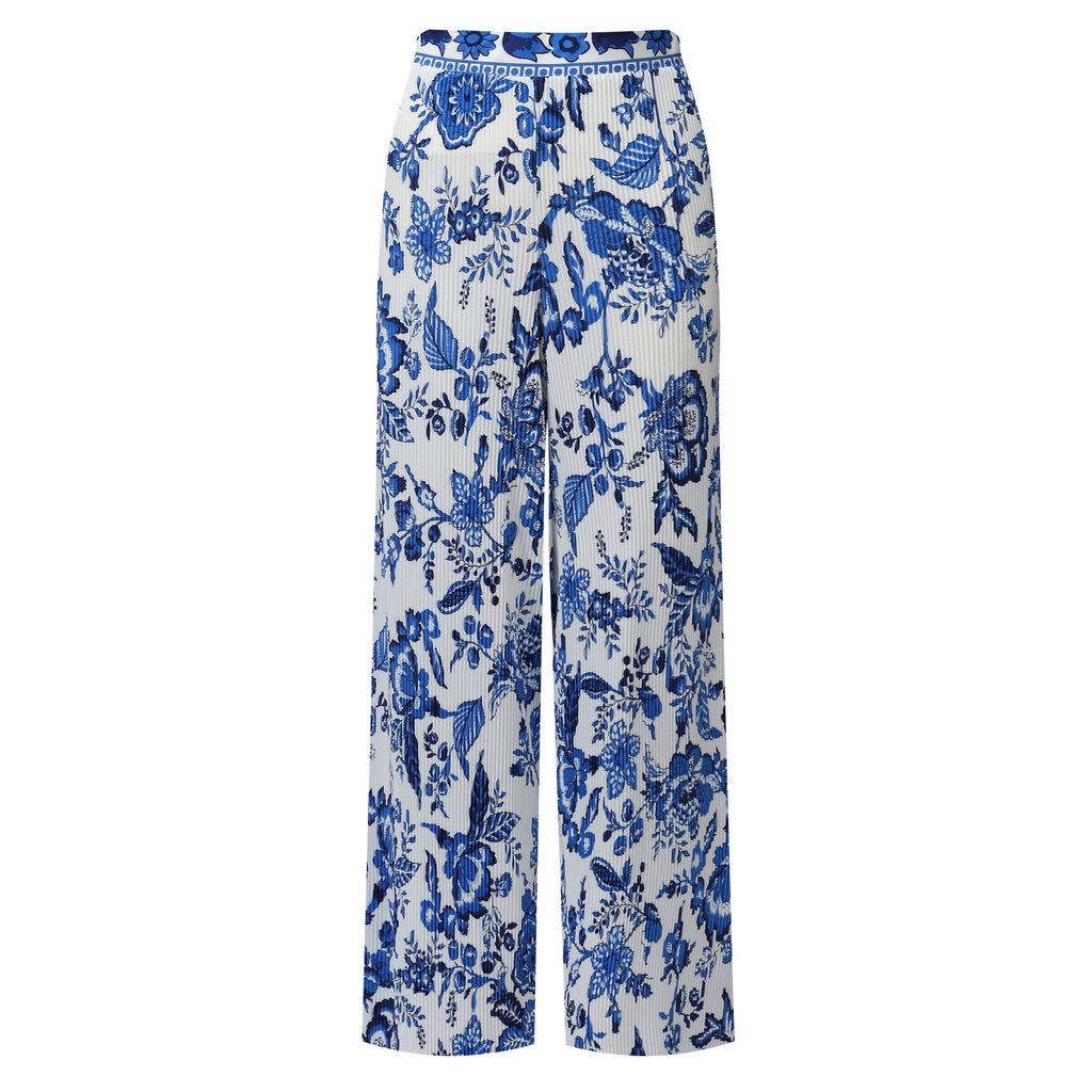 Chic Pleated Pants with Indigo Botanical Print  Palazzo Pants