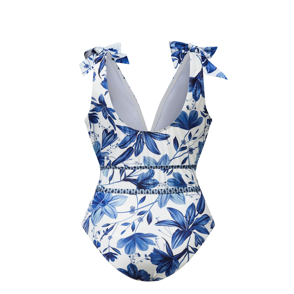 V Neck Lace Up Boho Breeze Blue Floral Swimsuit