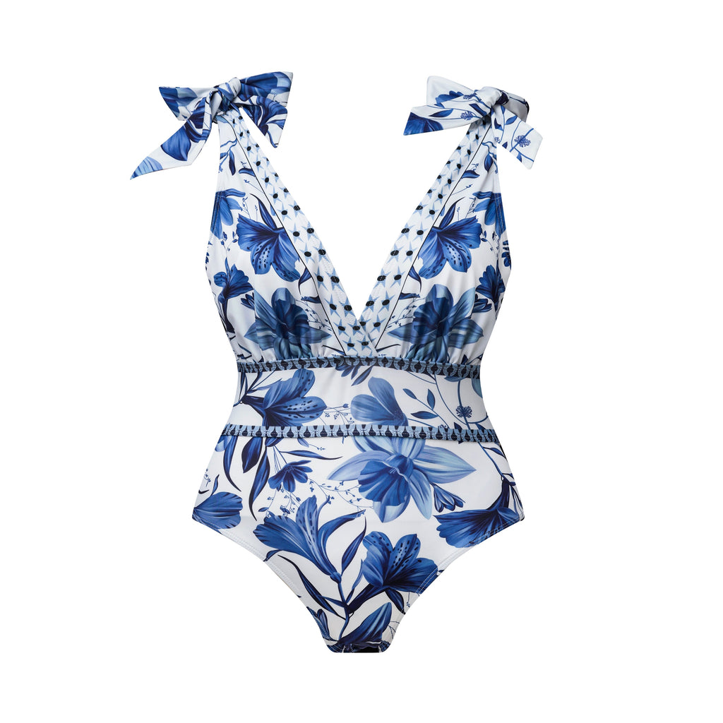 V Neck Lace Up Boho Breeze Blue Floral Swimsuit&Pants