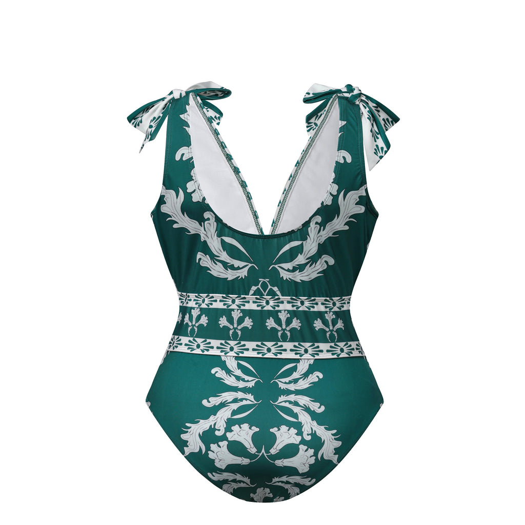 Green Flowy Floral Tie-shoulder Swimsuit