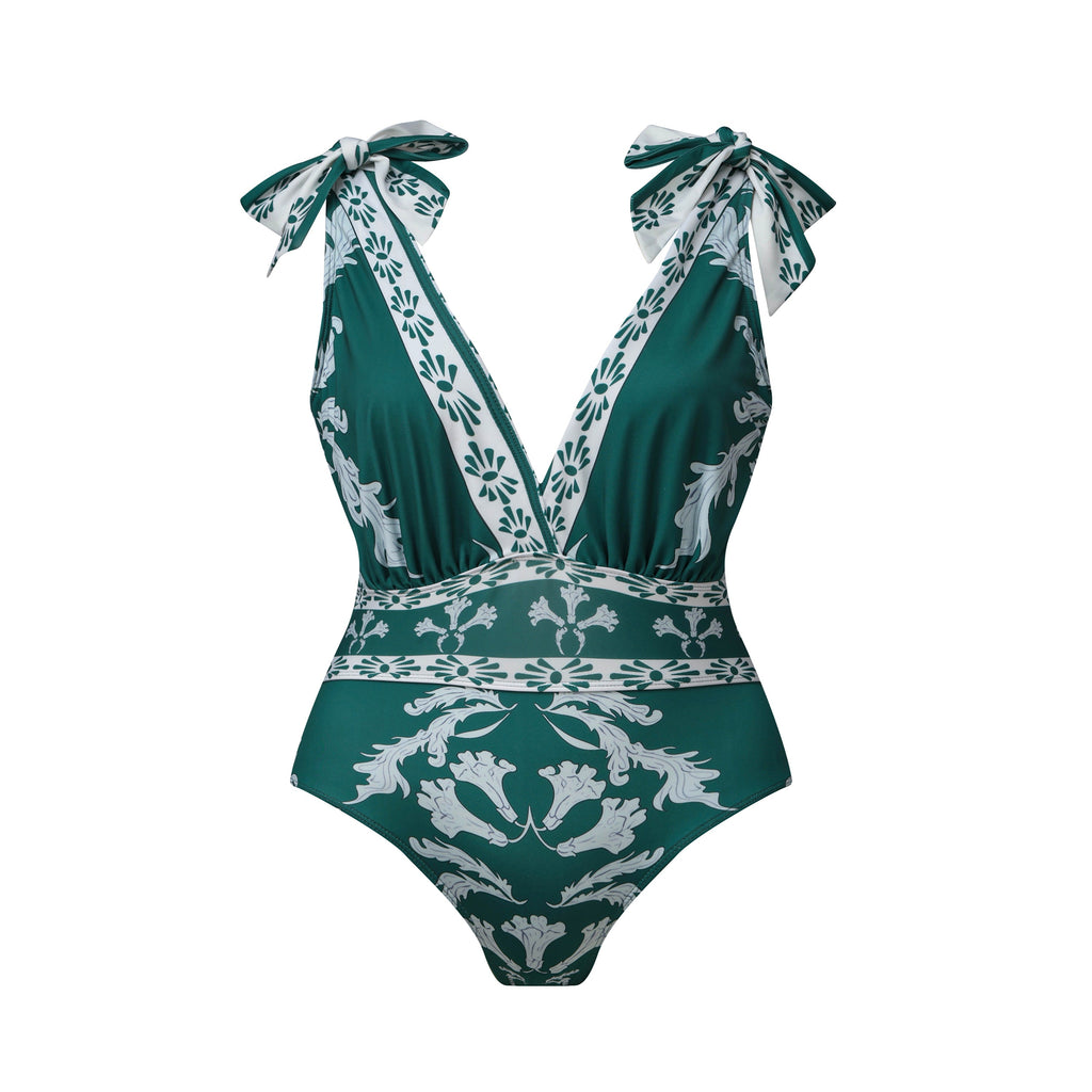 Green Flowy Floral Tie-shoulder Swimsuit&Pants