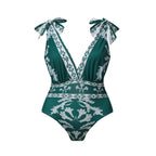 Green Flowy Floral Tie-shoulder Swimsuit&Skirt