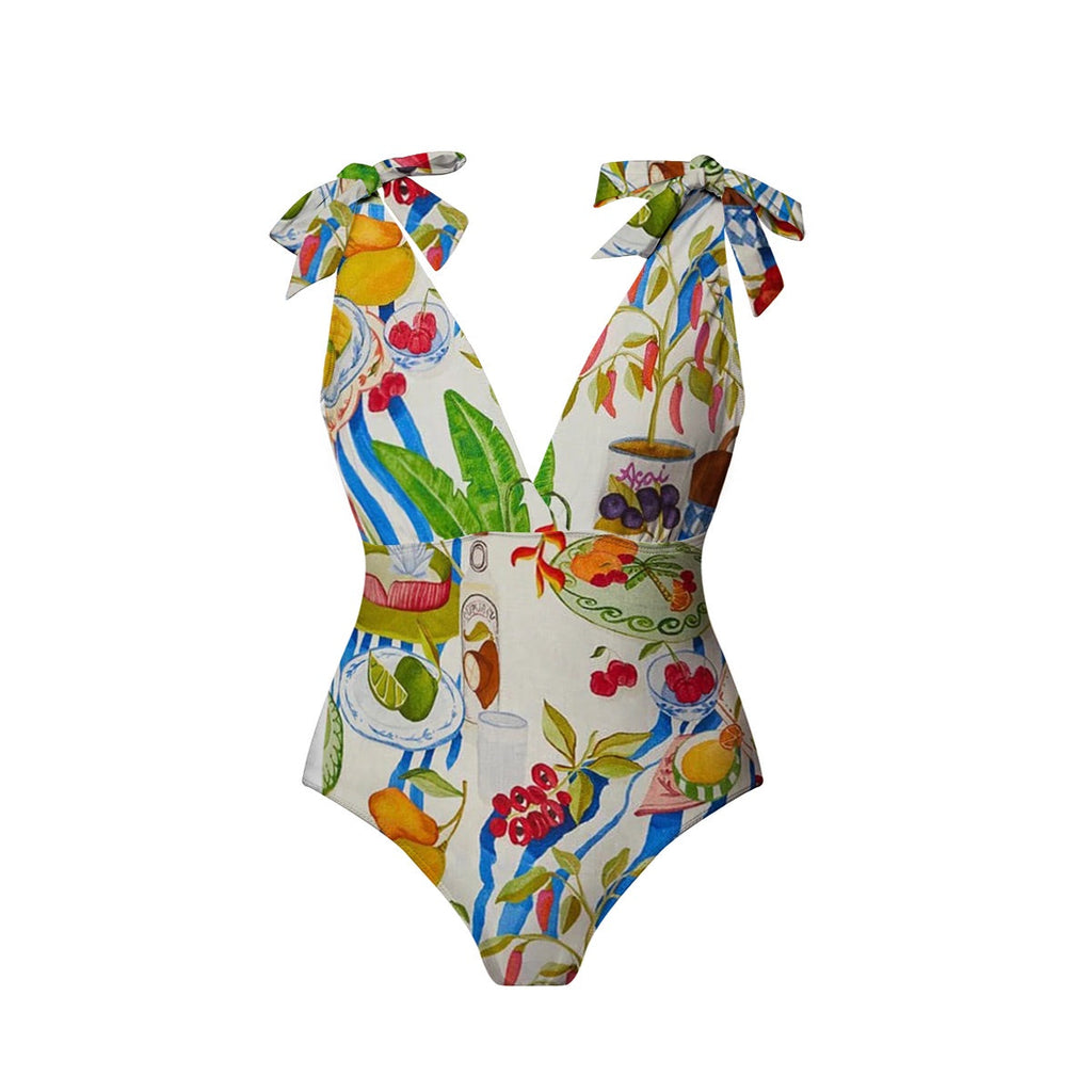 Fruit Food Patterned Colorful Tropical Feast Print One-Piece Swimsuit&Skirt
