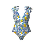 Lemon Motifs Blue Scrollwork Ornate Print One-Piece Swimsuit&Skirt