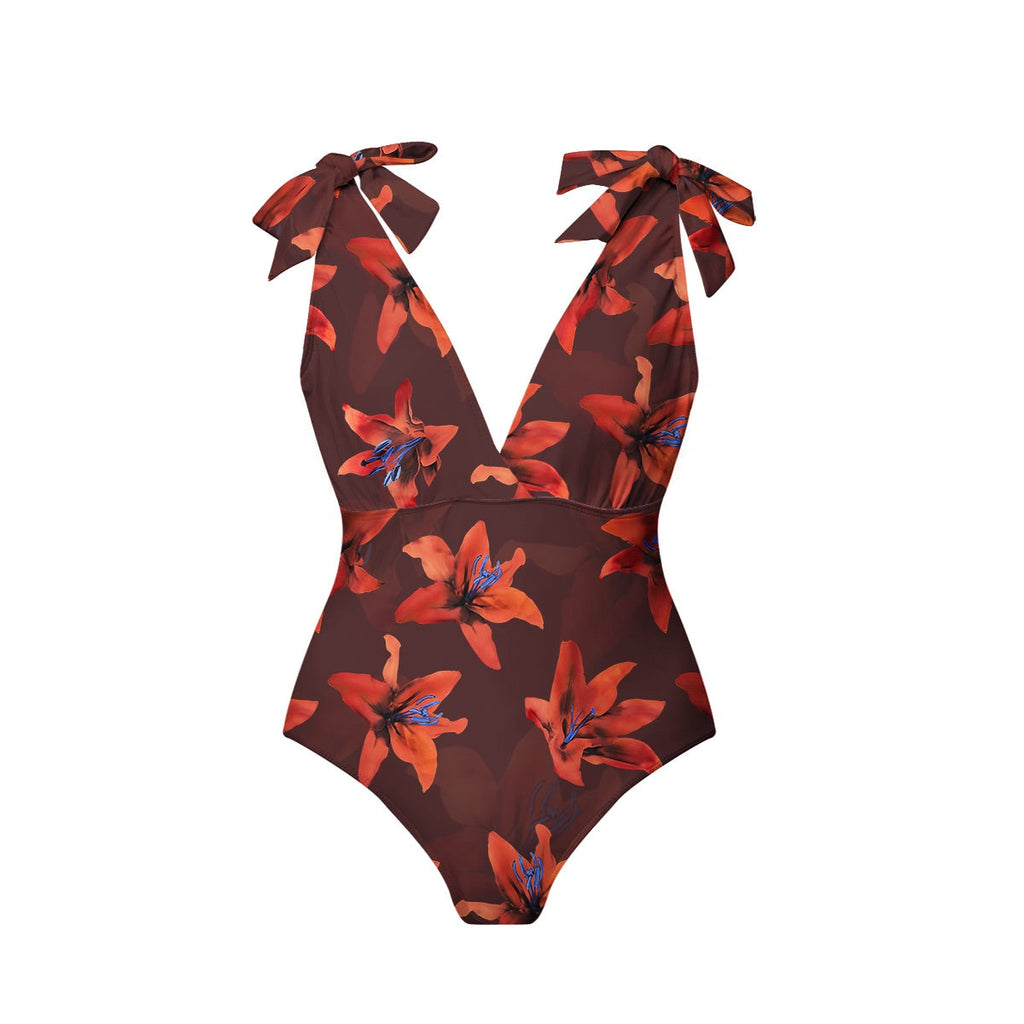Red Lily Floral Patterns One-Piece Swimsuit&Skirt