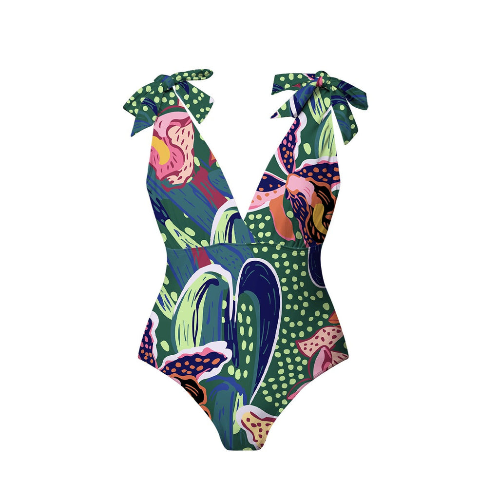 Green Parrot Tropical Exotic Flower Motifs One-Piece Swimsuit&Pants