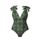 Dark Green Jungle Tiger Leaf Print One-Piece Swimsuit&Skirt