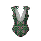 Dark Green Jungle Tiger Leaf Print One-Piece Swimsuit&Skirt