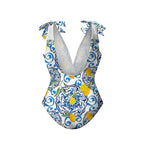Lemon Motifs Blue Scrollwork Ornate Print One-Piece Swimsuit&Pants