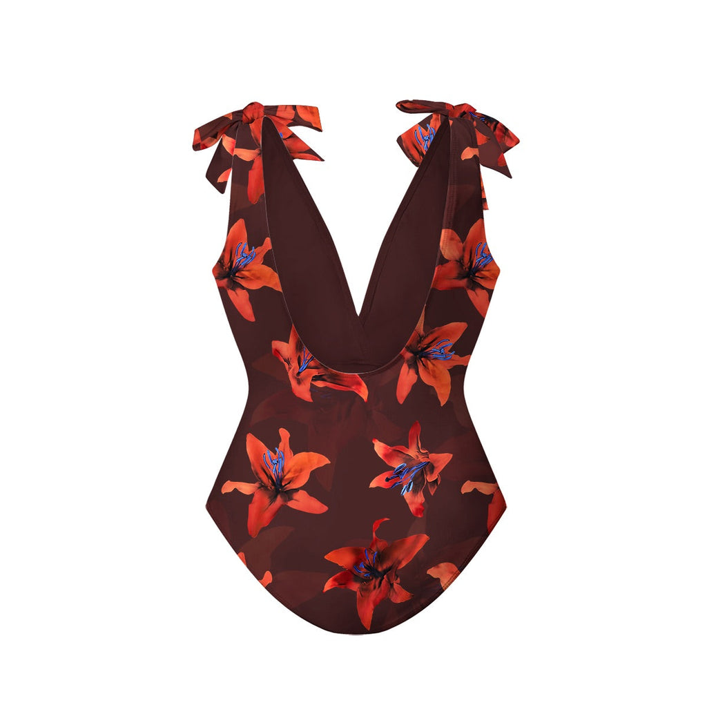 Red Lily Floral Patterns One-Piece Swimsuit&Skirt