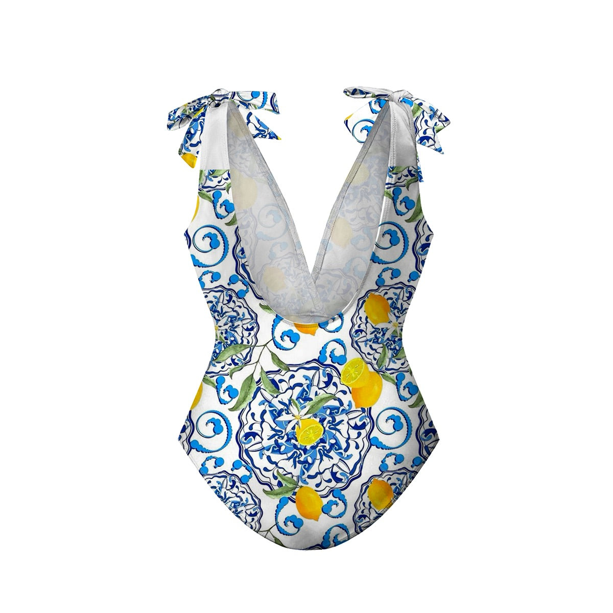 Lemon Motifs Blue Scrollwork Ornate Print One-Piece Swimsuit&Skirt&Pants