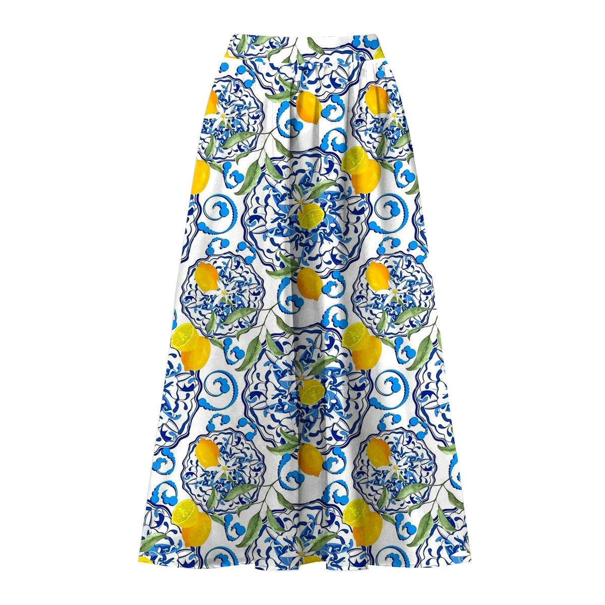 Lemon Motifs Blue Scrollwork Ornate Print One-Piece Swimsuit&Skirt&Pants