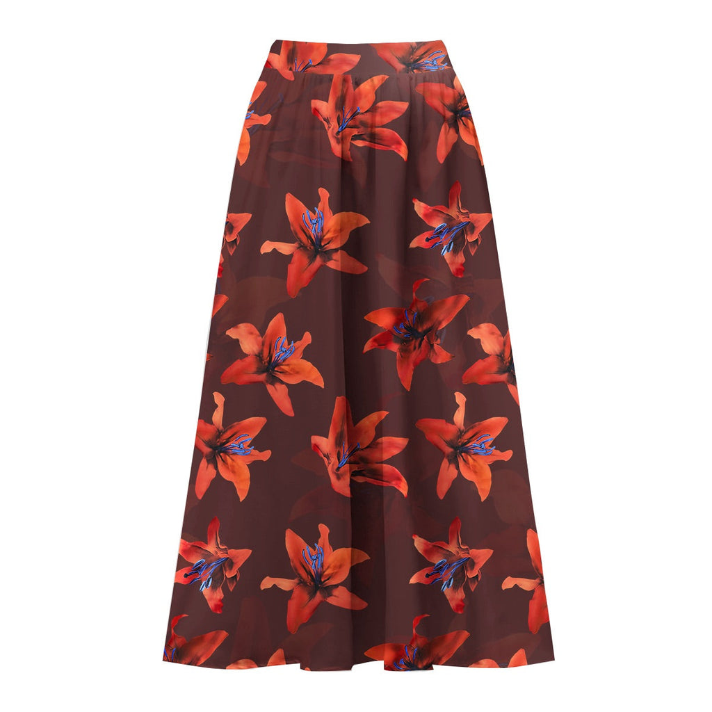 Red Lily Floral Patterns One-Piece Swimsuit&Skirt