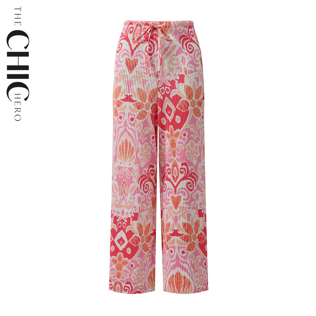 Pink Heart Abstract Prints V-Neck Vest Top & Pleated Pants