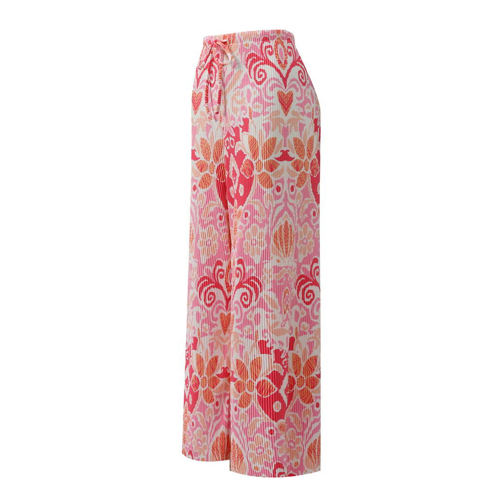 Pink Heart Abstract Prints V-Neck Vest Top & Pleated Pants