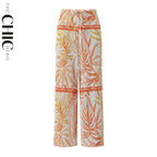 Orange Leaves Pattern V-Neck Vest Top & Pleated Pants