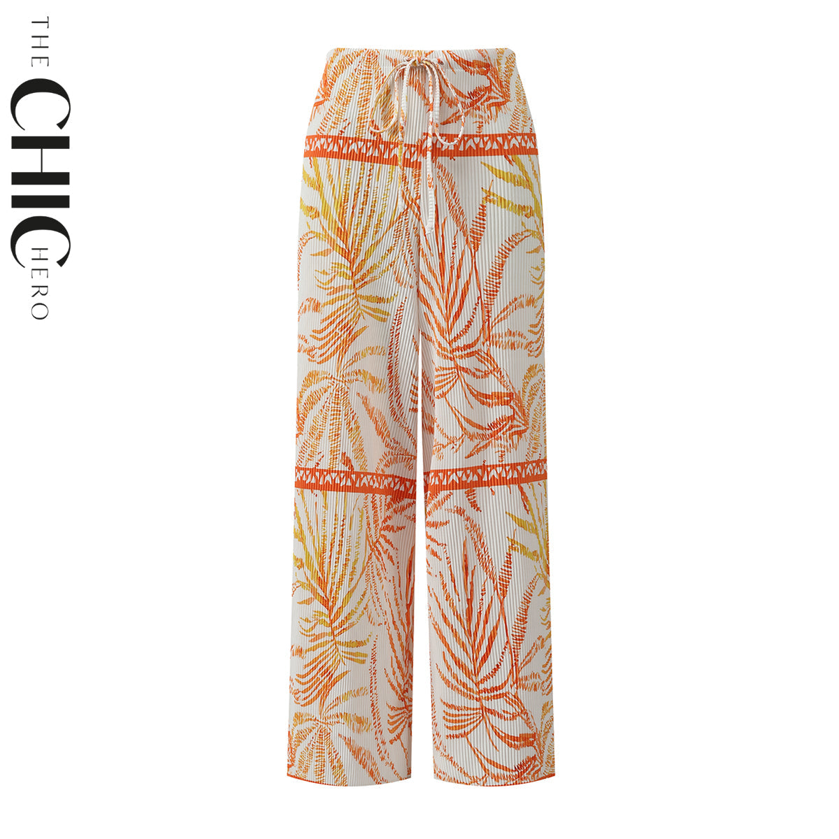 Orange Leaves Pattern V-Neck Vest Top & Pleated Pants