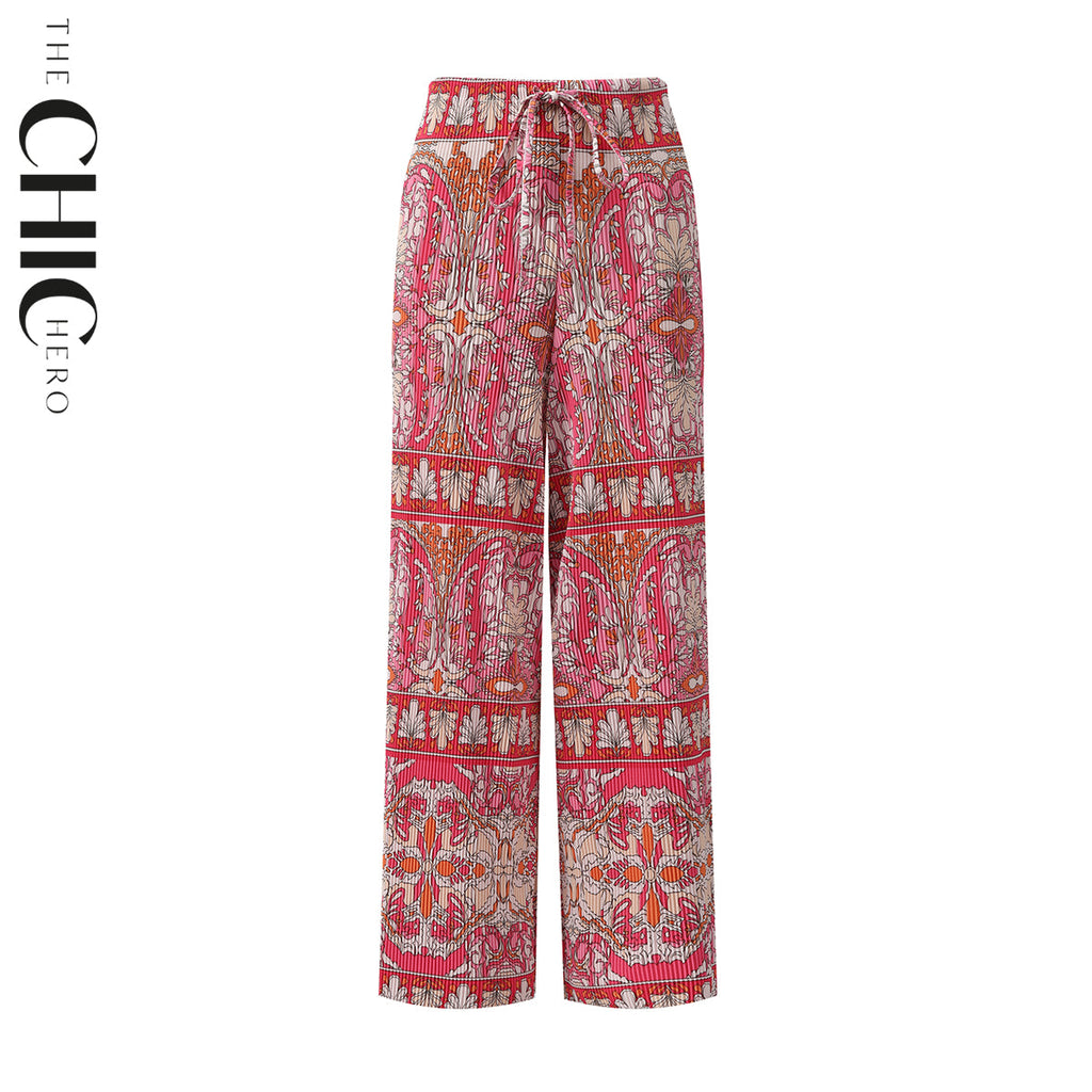 Vintage Red Pattern V-Neck Vest Top & Pleated Pants