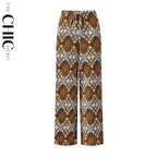 Brown Retro Pattern V-Neck Vest Top & Pleated Pants
