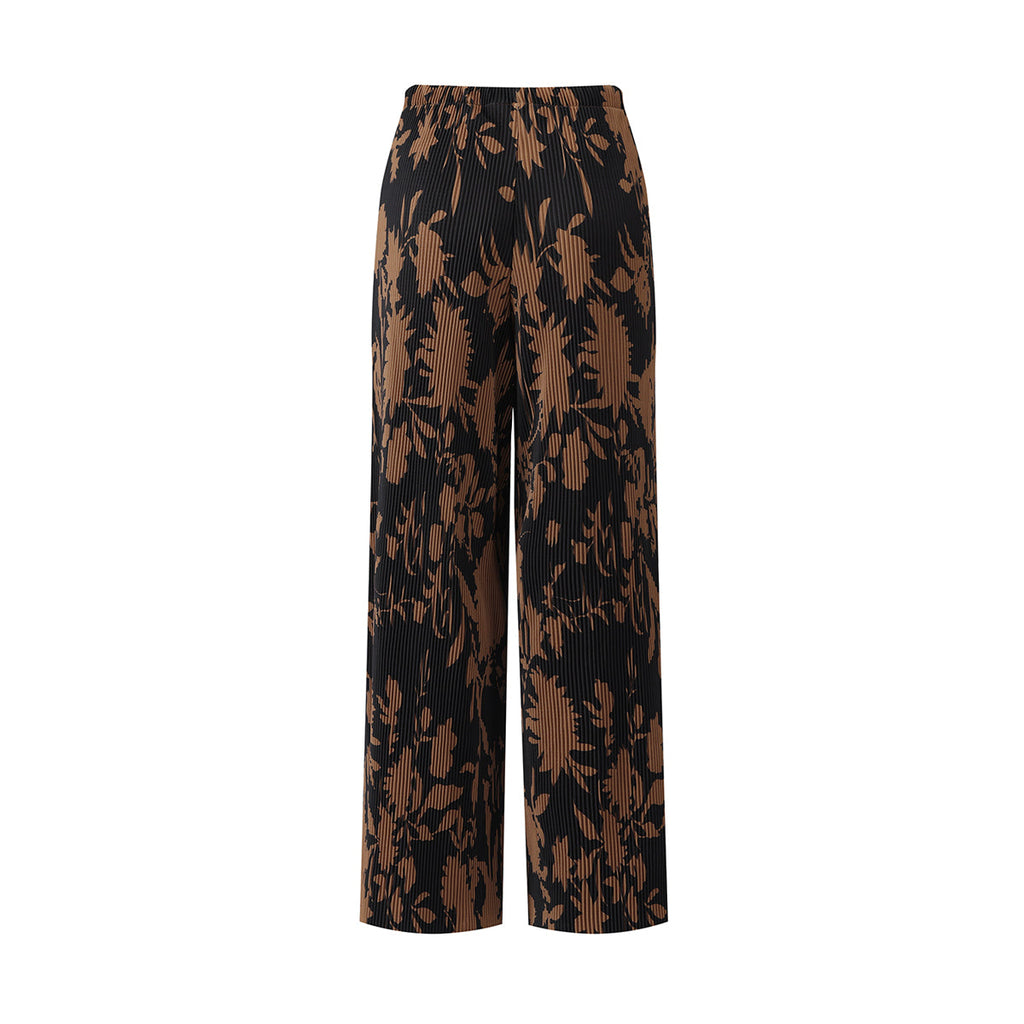 Vintage High-Waisted Drawstring Trousers with Botanical Print Pleated Pants