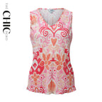 Pink Heart Abstract Prints V-Neck Vest Top & Pleated Pants