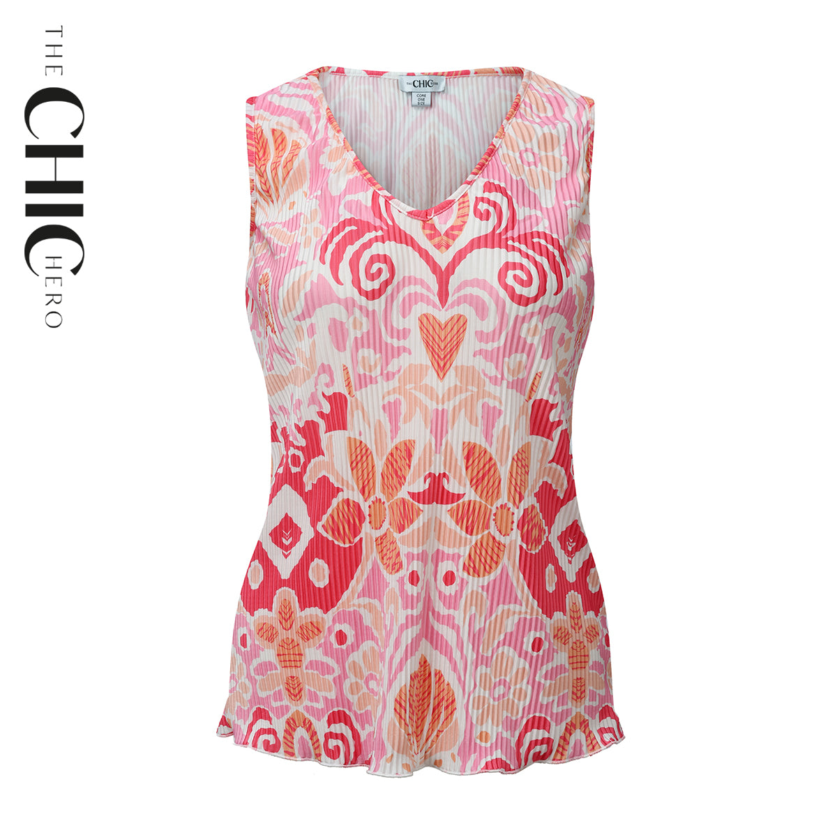 Pink Heart Abstract Prints V-Neck Vest Top & Pleated Pants