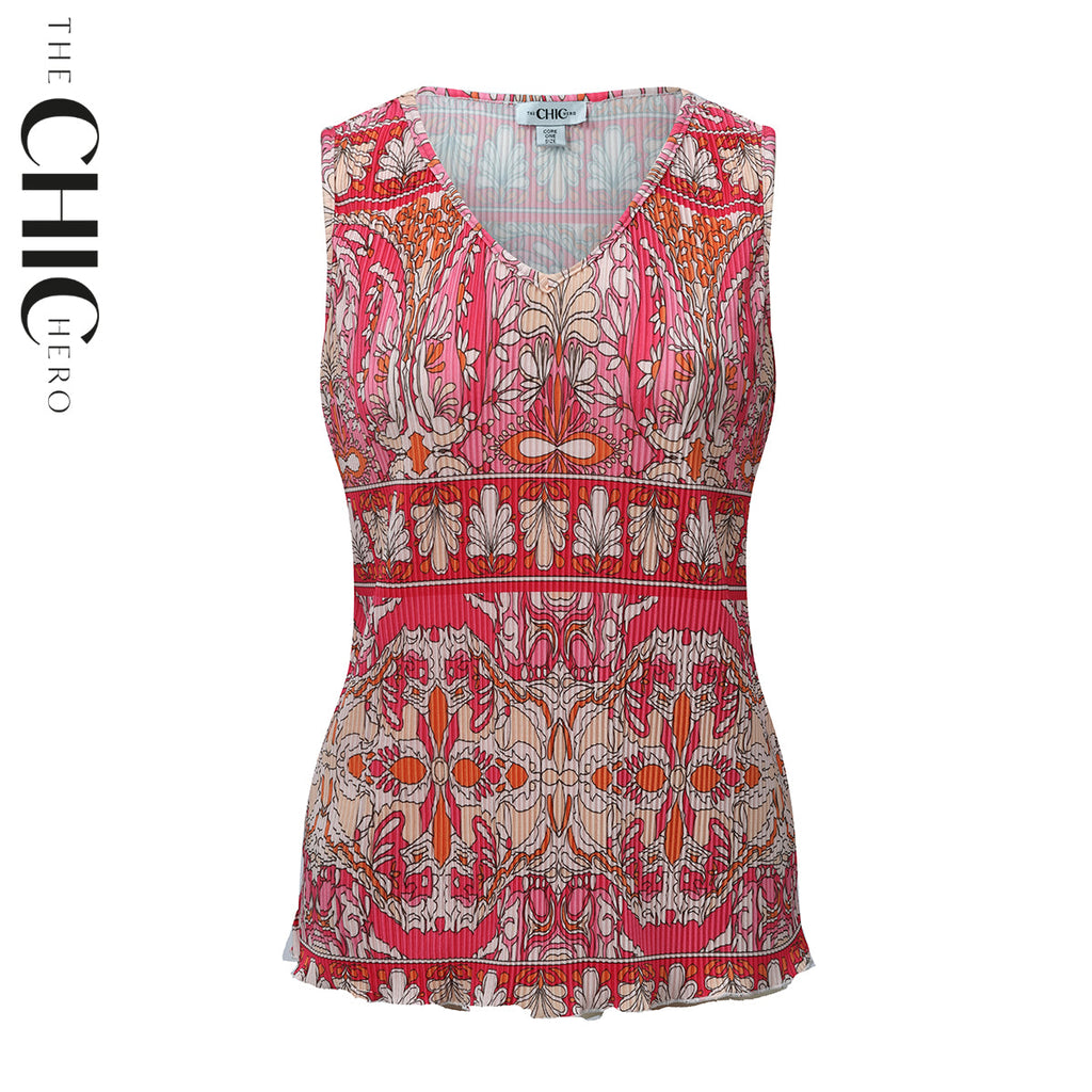 Vintage Red Pattern V-Neck Vest Top & Pleated Pants