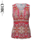 Vintage Red Pattern V-Neck Vest Top & Pleated Pants