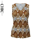 Brown Retro Pattern V-Neck Vest Top & Pleated Pants