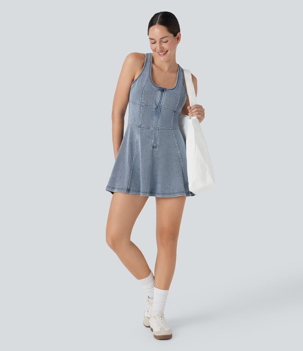 FlexTM Racerback Sleeveless Half Zipper Mini Washed Denim Casual Dress