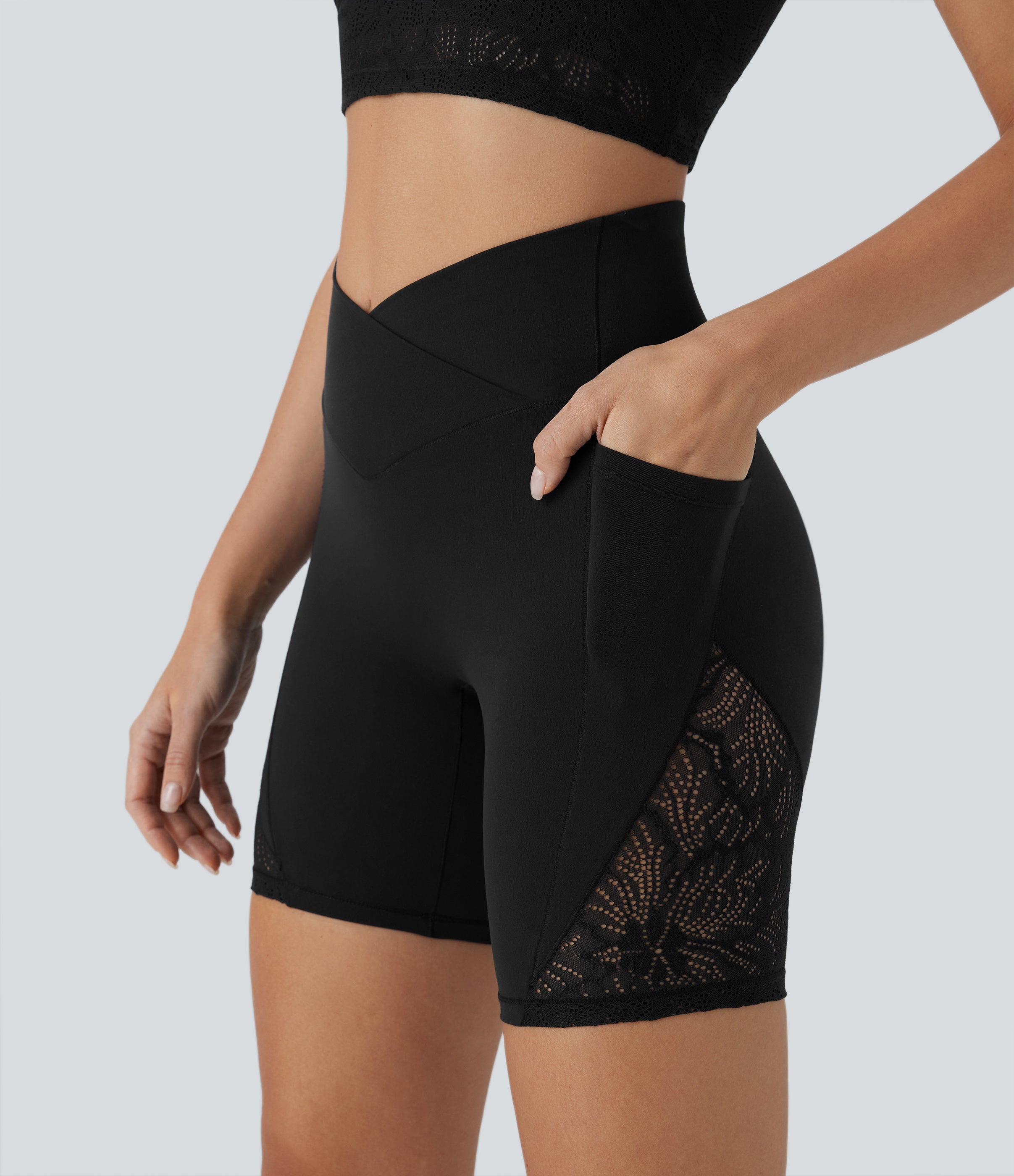 SoftlyzeroTM High Waisted Crossover Contrast Lace Yoga Biker Shorts 7'' with Pockets-UPF50+