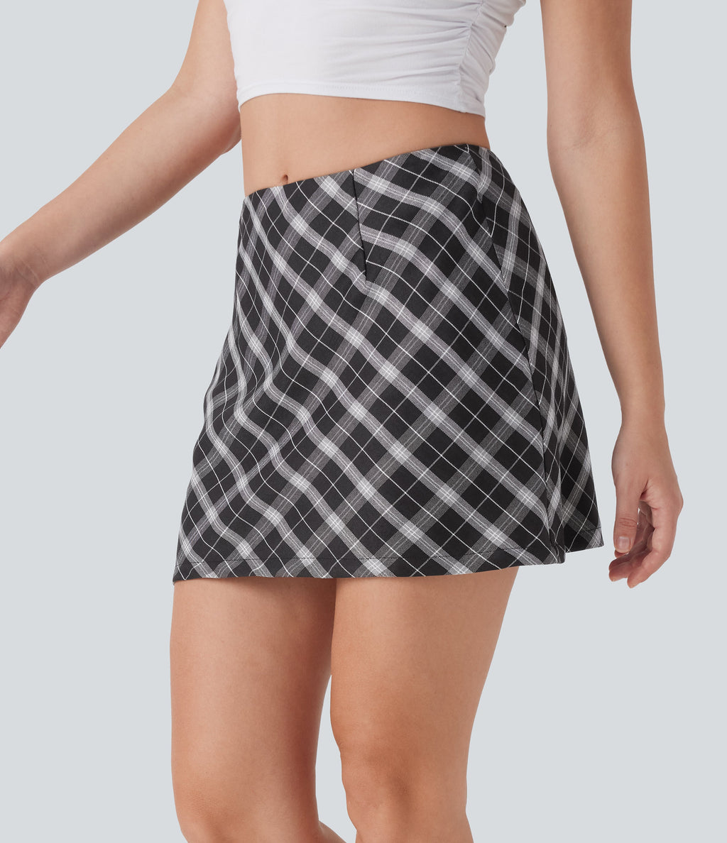 Mid Rise 2-in-1 Plaid A-line Mini Casual Skirt with Pocket