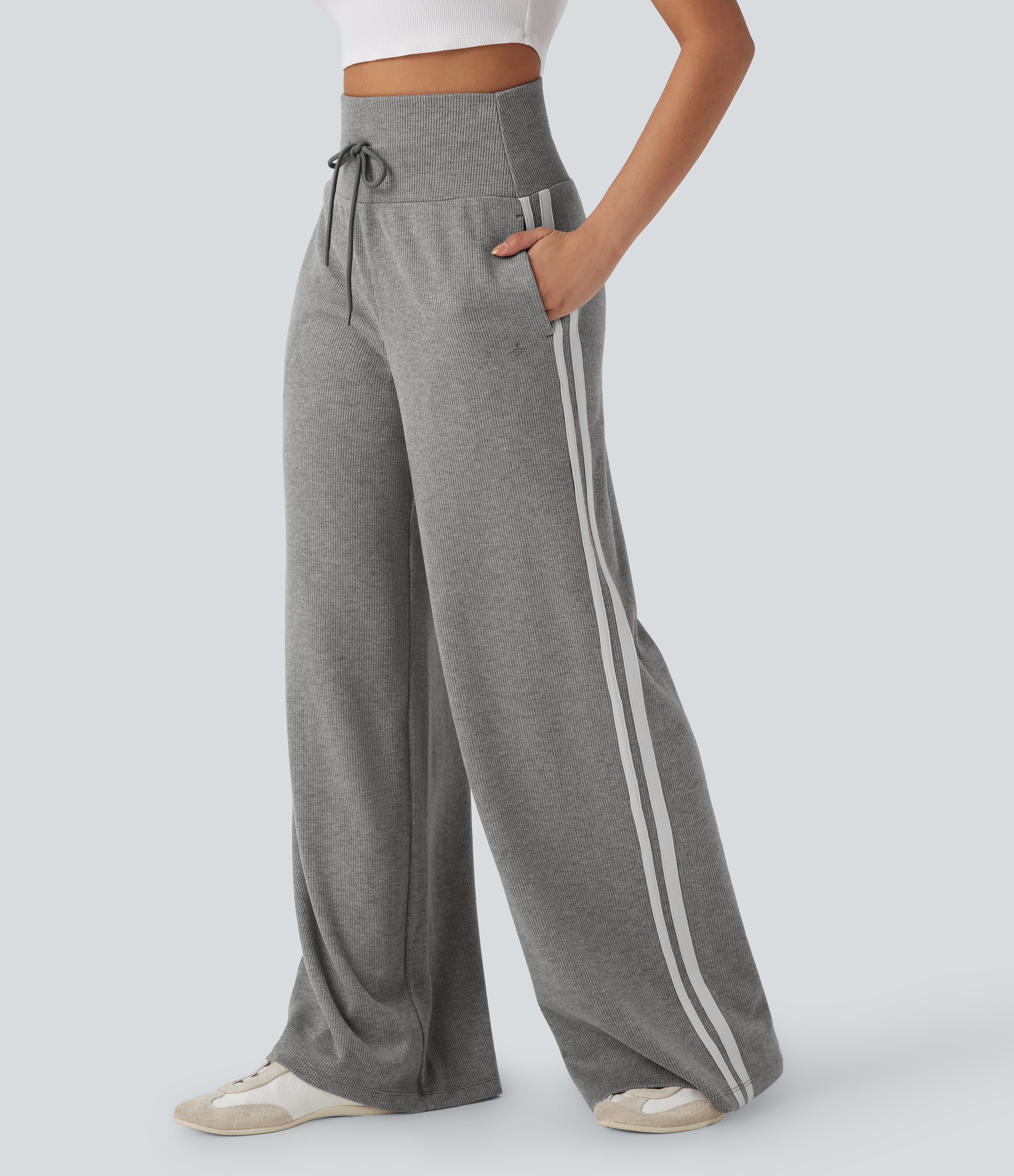 2026🔥 Ribbed SoCinched High Waisted Tummy Control Drawstring Wide Leg Color Block Casual Trousers with Pockets
