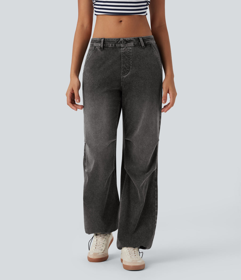 FlexTM Low Rise Adjustable Drawcord Stretchy Knit Casual Parachute Jeans with Multiple Pockets