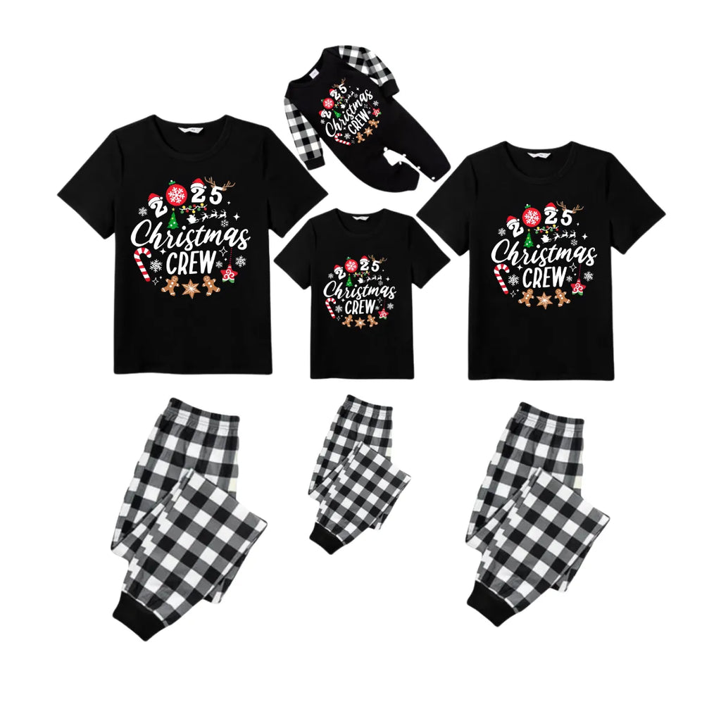 Christmas Crew 2025 Family Pajamas Set - Black Top Black and White Plaid Pants Candy Cane and Cookies Graphic
