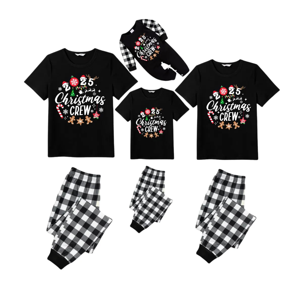 Christmas Crew 2025 Family Pajamas Set - Black Top Black and White Plaid Pants Candy Cane and Cookies Graphic