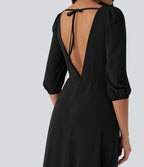 Tie Back Zipper Puff Sleeve Dress