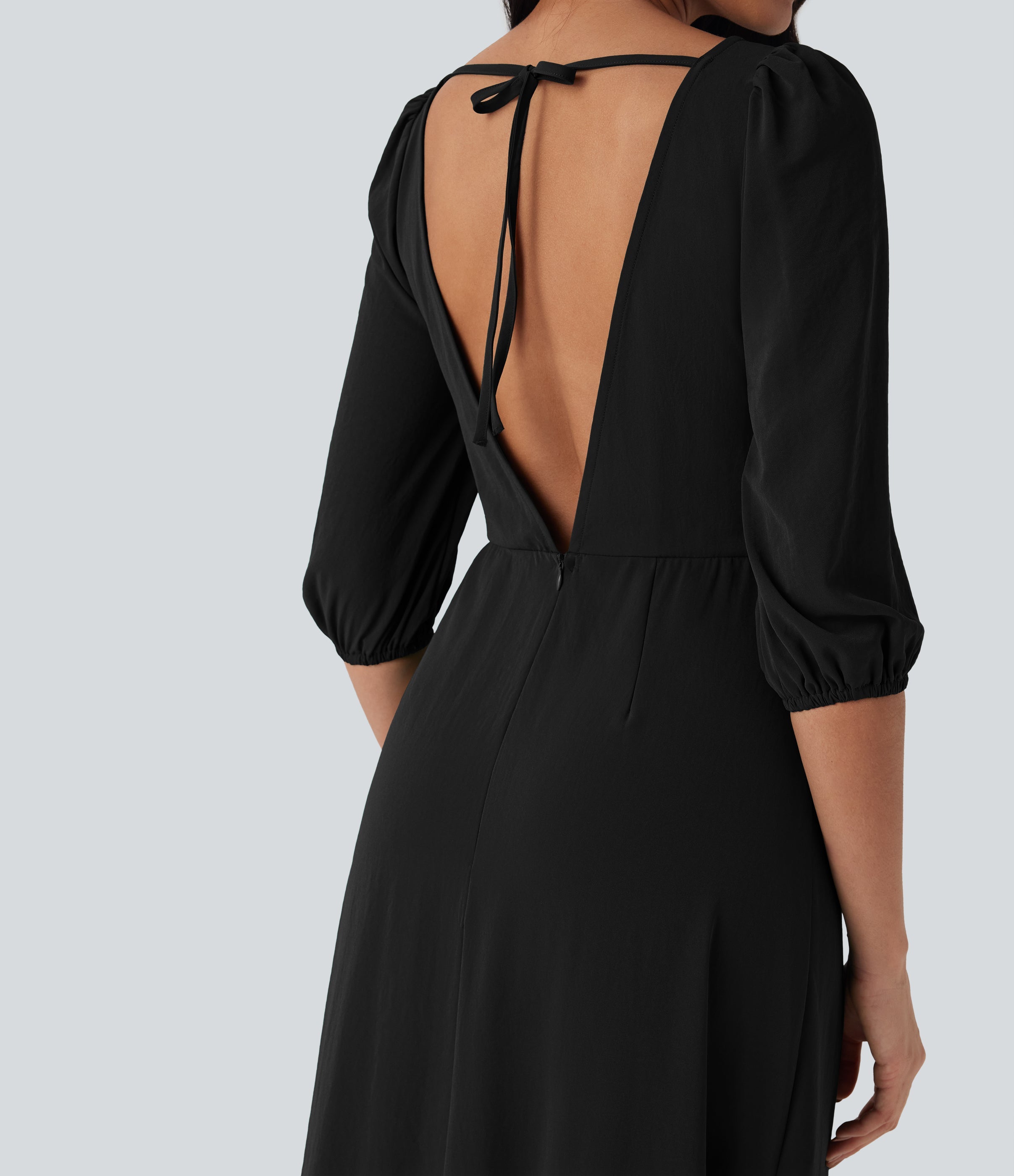 Tie Back Zipper Puff Sleeve Dress