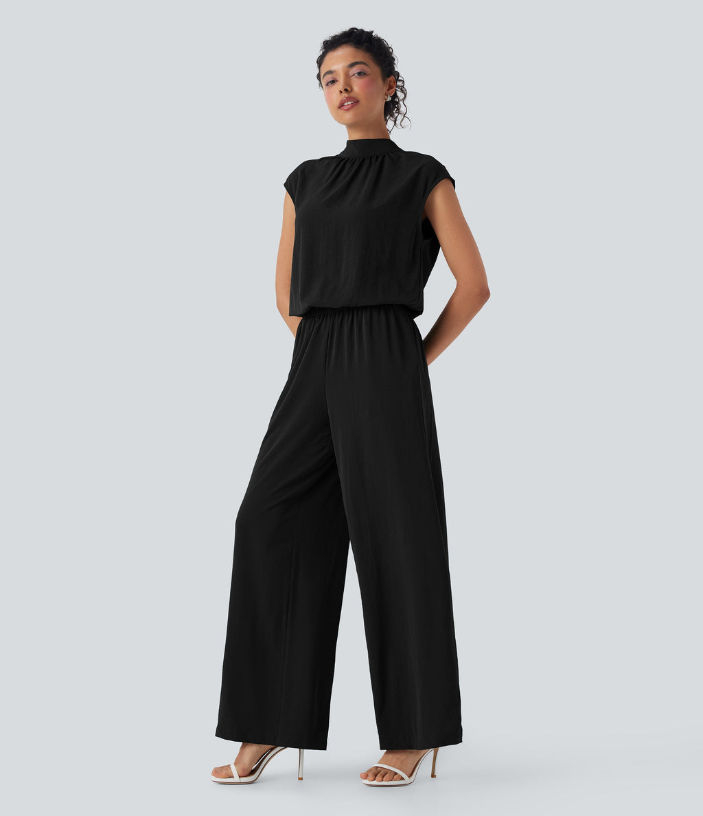 Mock Neck Keyhole Back Cap Sleeve Wide Leg Work Jumpsuit with Pockets