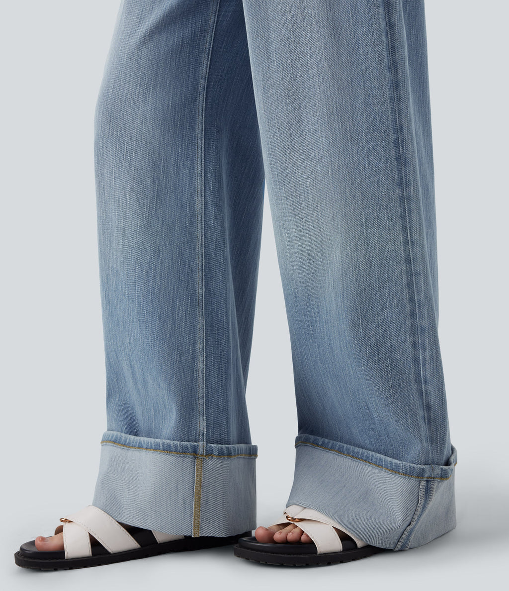FlexTM Low Rise Rolled Hem Washed Casual Baggy Jeans with Pockets