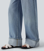FlexTM Low Rise Rolled Hem Washed Casual Baggy Jeans with Pockets