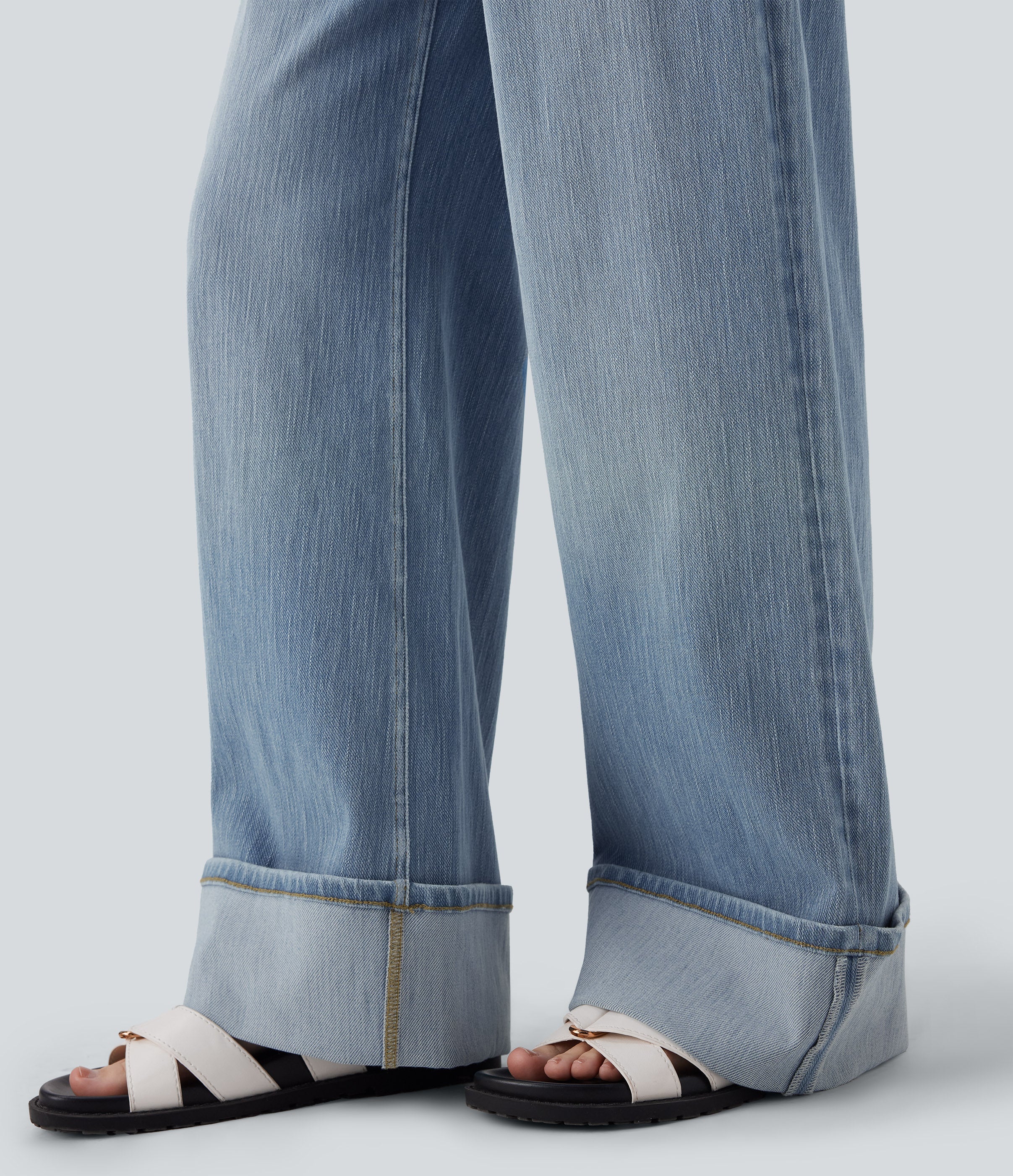 FlexTM Low Rise Rolled Hem Washed Casual Baggy Jeans with Pockets