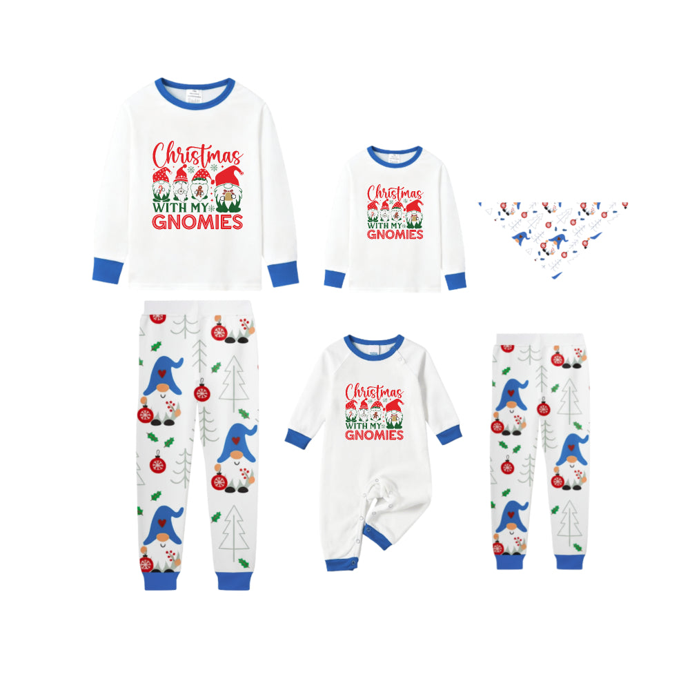 Blue Holiday Christmas Family Pajamas Set with Cheerful Gnome Print Pattern