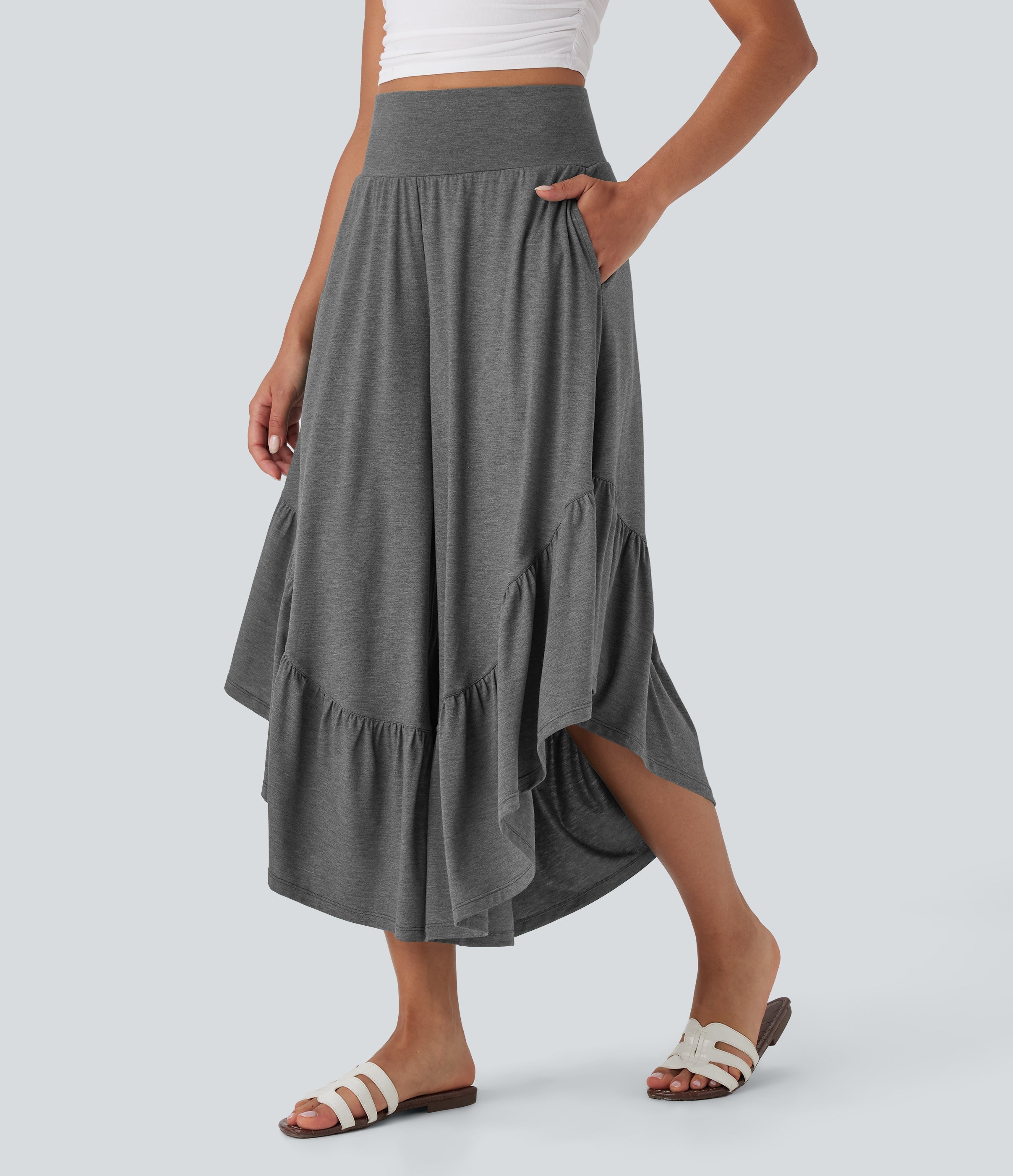 High Waisted Ruffle Hem Casual Pants with Pockets
