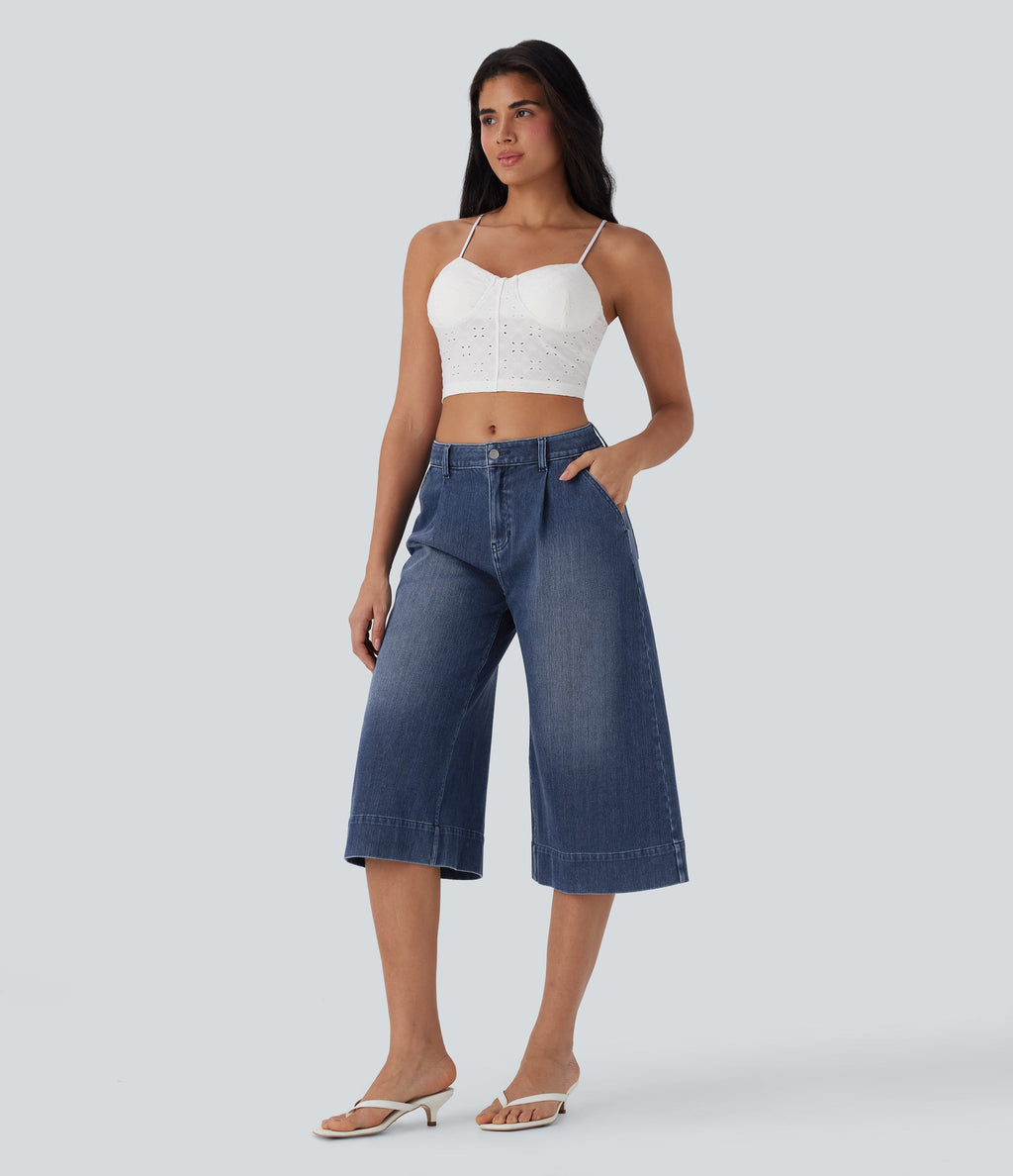 FlexTM Mid Rise Capri Wide Leg Washed Casual Jeans with Pockets