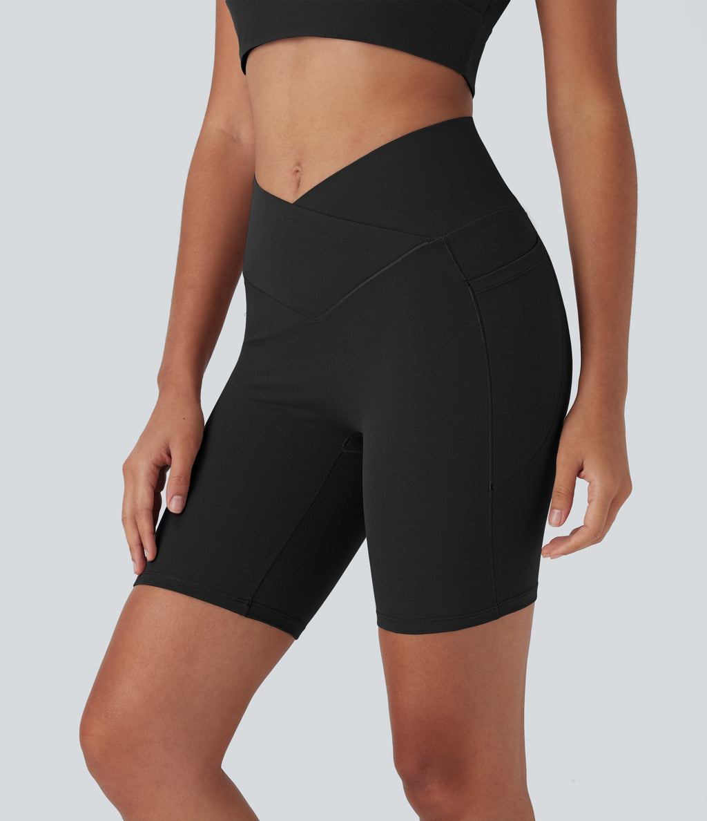UltraSculptTM High Waisted Crossover Tummy Control Butt Lifting Yoga Biker Shorts 7'' with Pockets