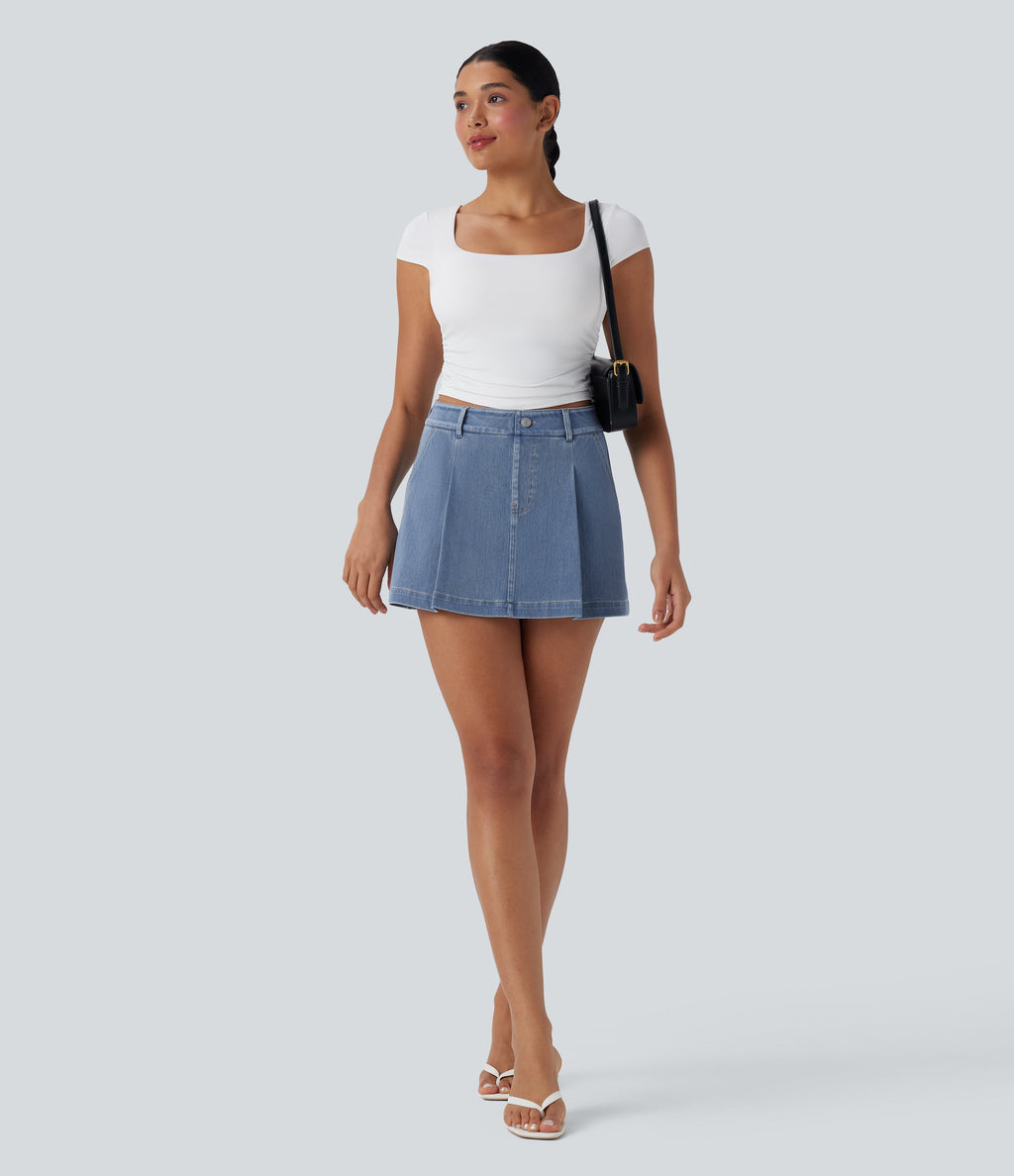 FlexTM High Waisted 2-in-1 Washed Stretchy Knit Denim Casual A-line Skort with Pockets