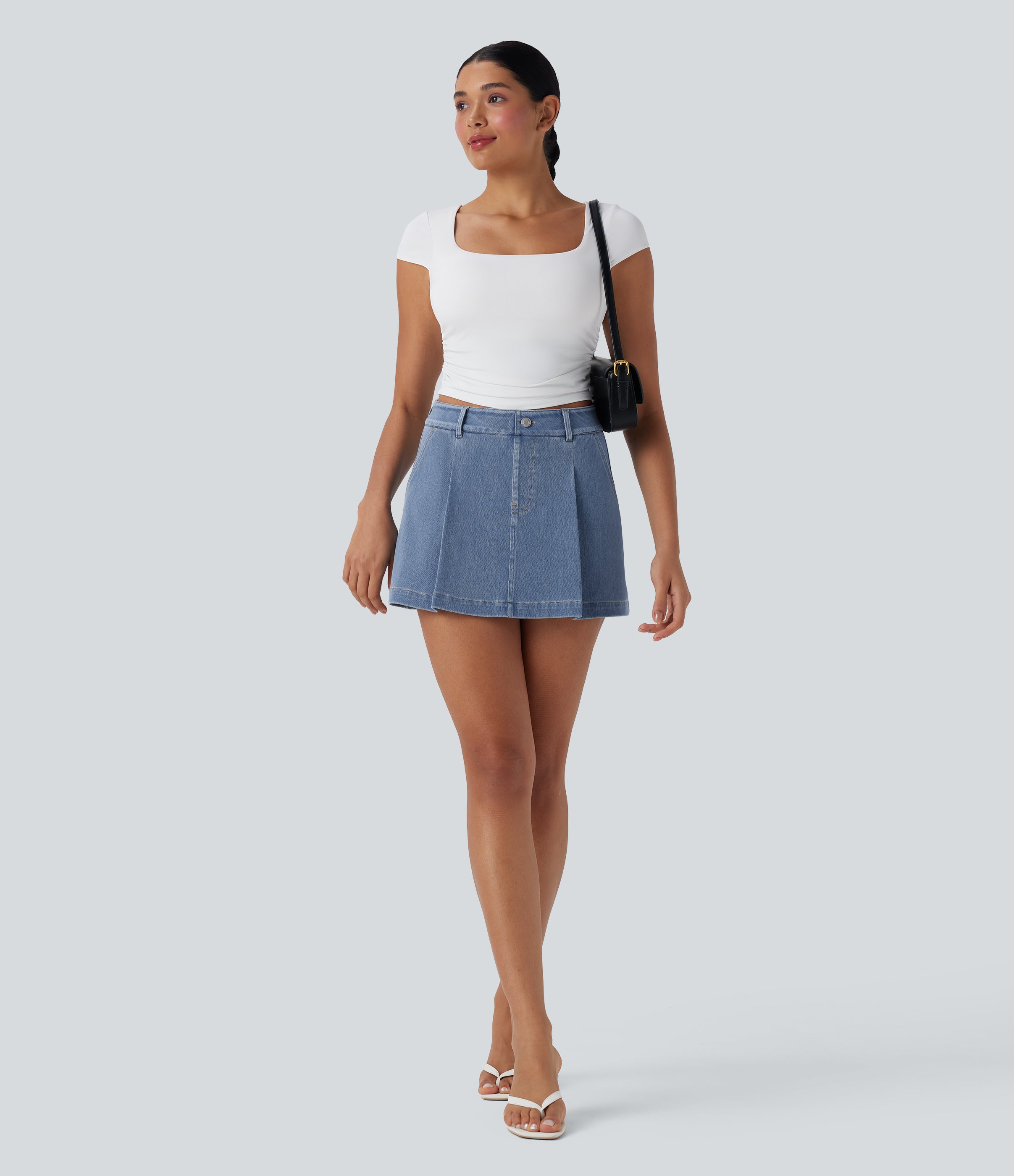 FlexTM High Waisted 2-in-1 Washed Stretchy Knit Denim Casual A-line Skort with Pockets